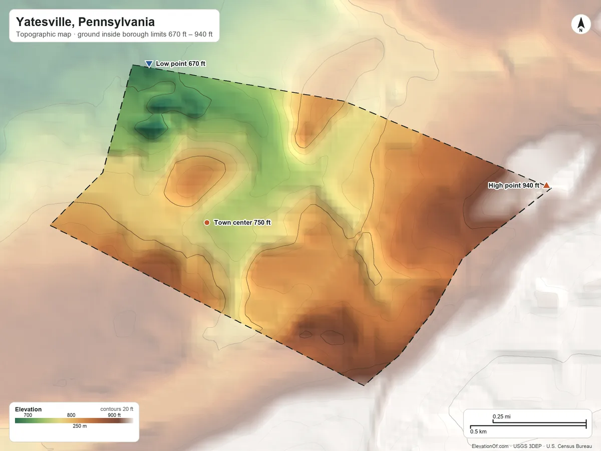 Topographic elevation map of Yatesville, Pennsylvania, shaded from 670 ft on the north side to 940 ft on the east edge, below higher ground just outside