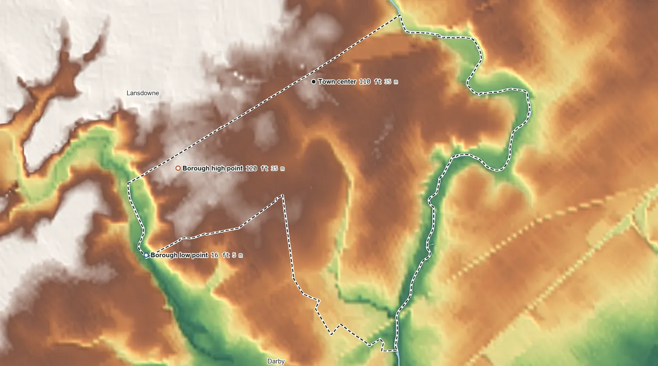Topographic elevation map of Yeadon, Pennsylvania, shaded from 16 ft on the southwest side to 120 ft on the southwest side