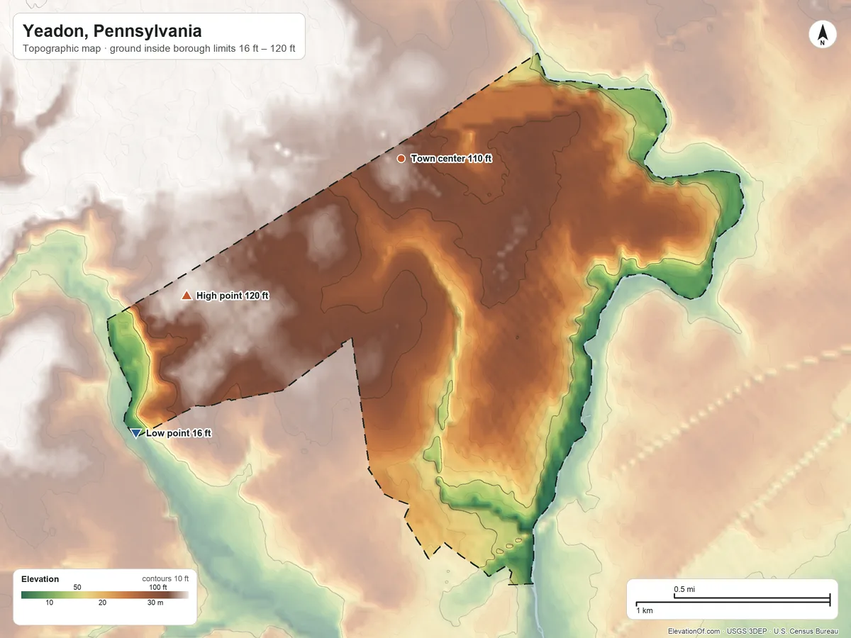 Topographic elevation map of Yeadon, Pennsylvania, shaded from 16 ft on the southwest side to 120 ft on the southwest side
