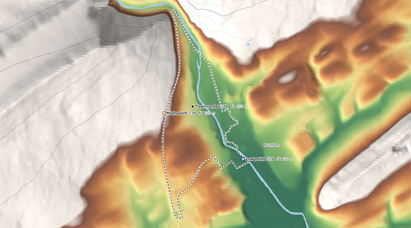 Topographic elevation map of Yeagertown, Pennsylvania, shaded from 520 ft on the southeast side to 730 ft at the foot of the Jacks Mountain
