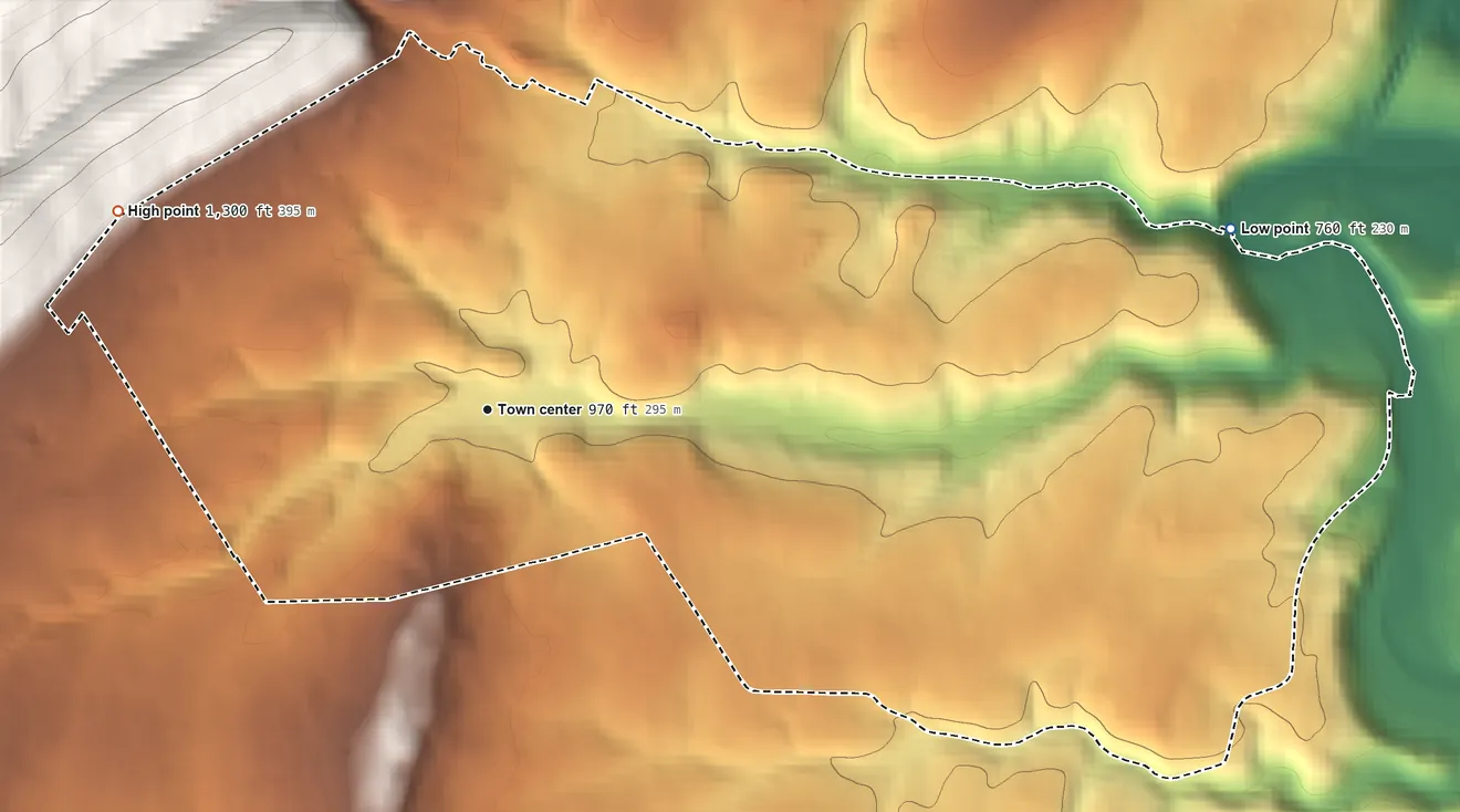 Topographic elevation map of Yellow Springs, Pennsylvania, shaded from 760 ft on the east side to 1,300 ft on the northwest edge, below higher ground just outside