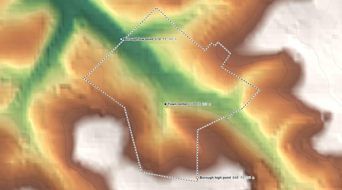 Topographic elevation map of Yoe, Pennsylvania, shaded from 670 ft on the northwest side to 840 ft on the southeast side