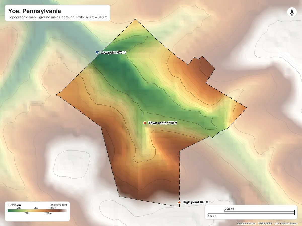 Topographic elevation map of Yoe, Pennsylvania, shaded from 670 ft on the northwest side to 840 ft on the southeast side