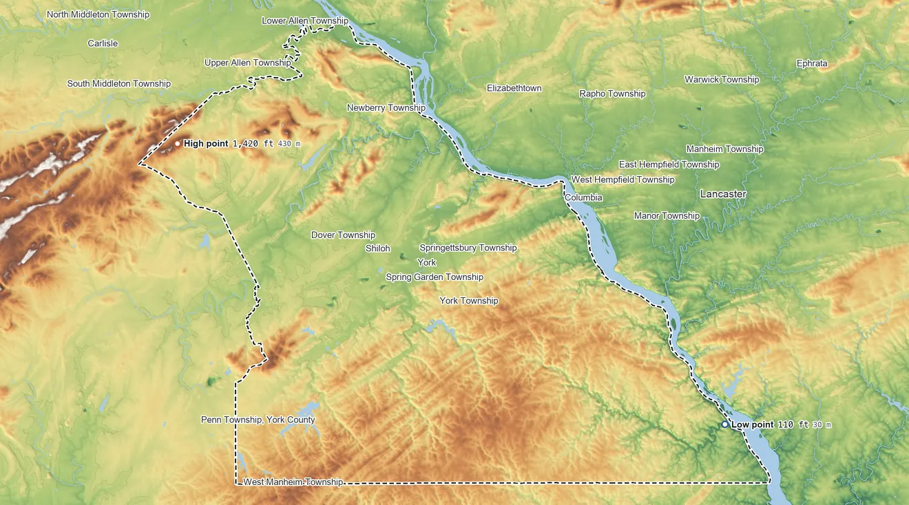 Topographic elevation map of York County, Pennsylvania, shaded from 110 ft on the southeast side to 1,420 ft on the west side
