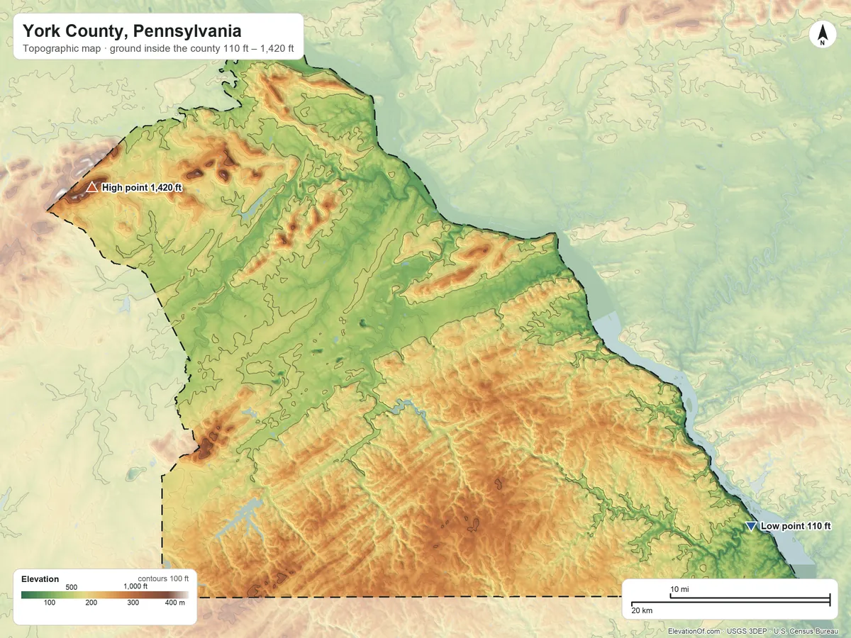 Topographic elevation map of York County, Pennsylvania, shaded from 110 ft on the southeast side to 1,420 ft on the west side