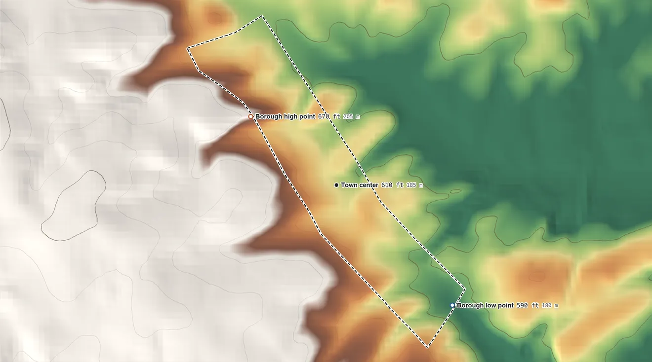 Topographic elevation map of York Springs, Pennsylvania, shaded from 590 ft on the southeast side to 670 ft on the northwest side