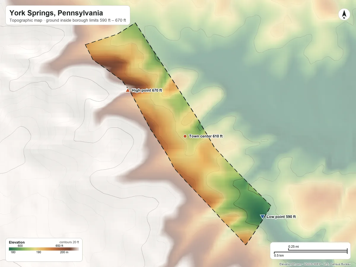 Topographic elevation map of York Springs, Pennsylvania, shaded from 590 ft on the southeast side to 670 ft on the northwest side