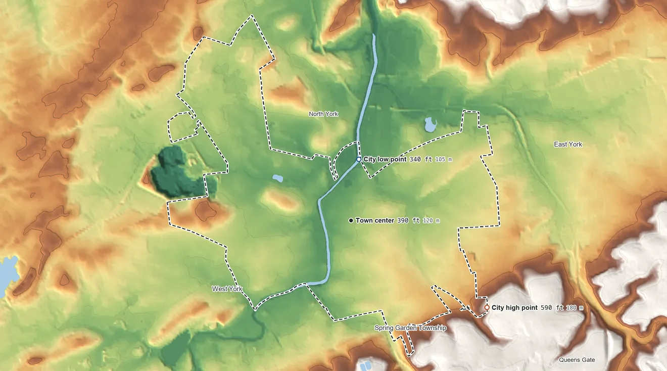 Topographic elevation map of York, Pennsylvania, shaded from 340 ft on the north side to 590 ft on the southeast side