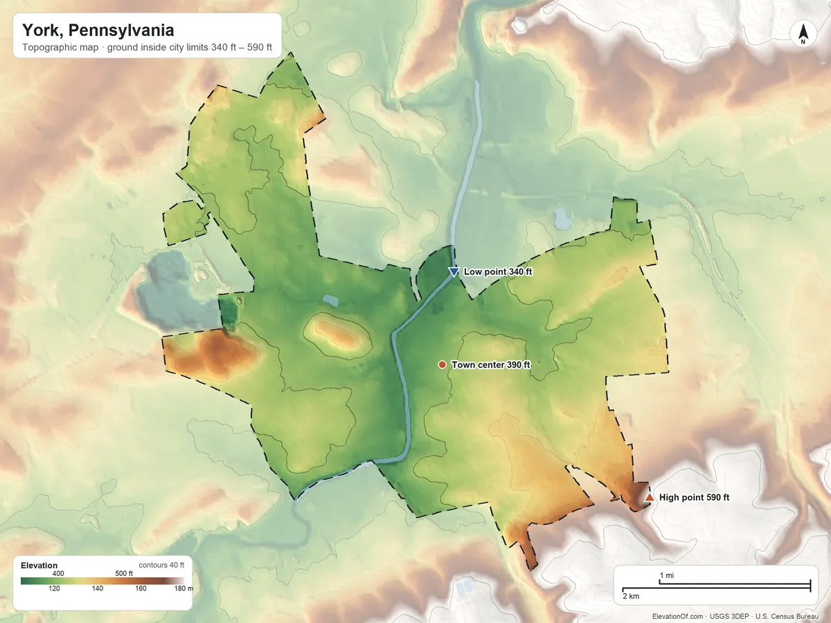 Topographic elevation map of York, Pennsylvania, shaded from 340 ft on the north side to 590 ft on the southeast side
