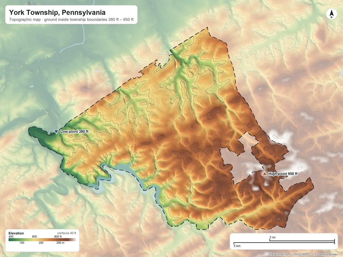 Topographic elevation map of York Township, Pennsylvania, shaded from 380 ft on the west side to 950 ft on the southeast side