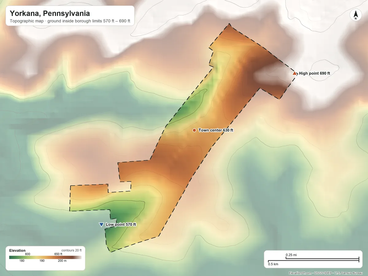 Topographic elevation map of Yorkana, Pennsylvania, shaded from 570 ft on the southwest side to 690 ft on the northeast side