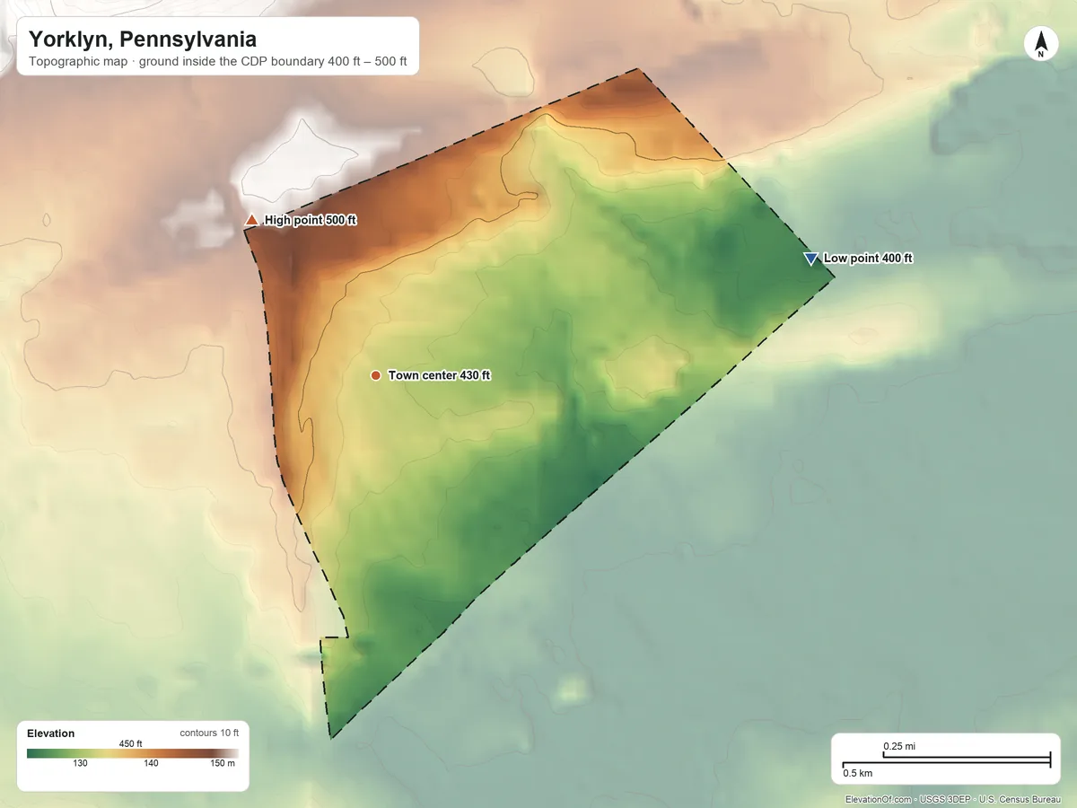 Topographic elevation map of Yorklyn, Pennsylvania, shaded from 400 ft on the east side to 500 ft at the foot of the Hellam Hills