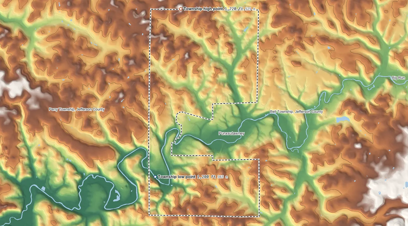 Topographic elevation map of Young Township, Jefferson County, Pennsylvania, shaded from 1,200 ft on the southwest side to 1,720 ft on the north side