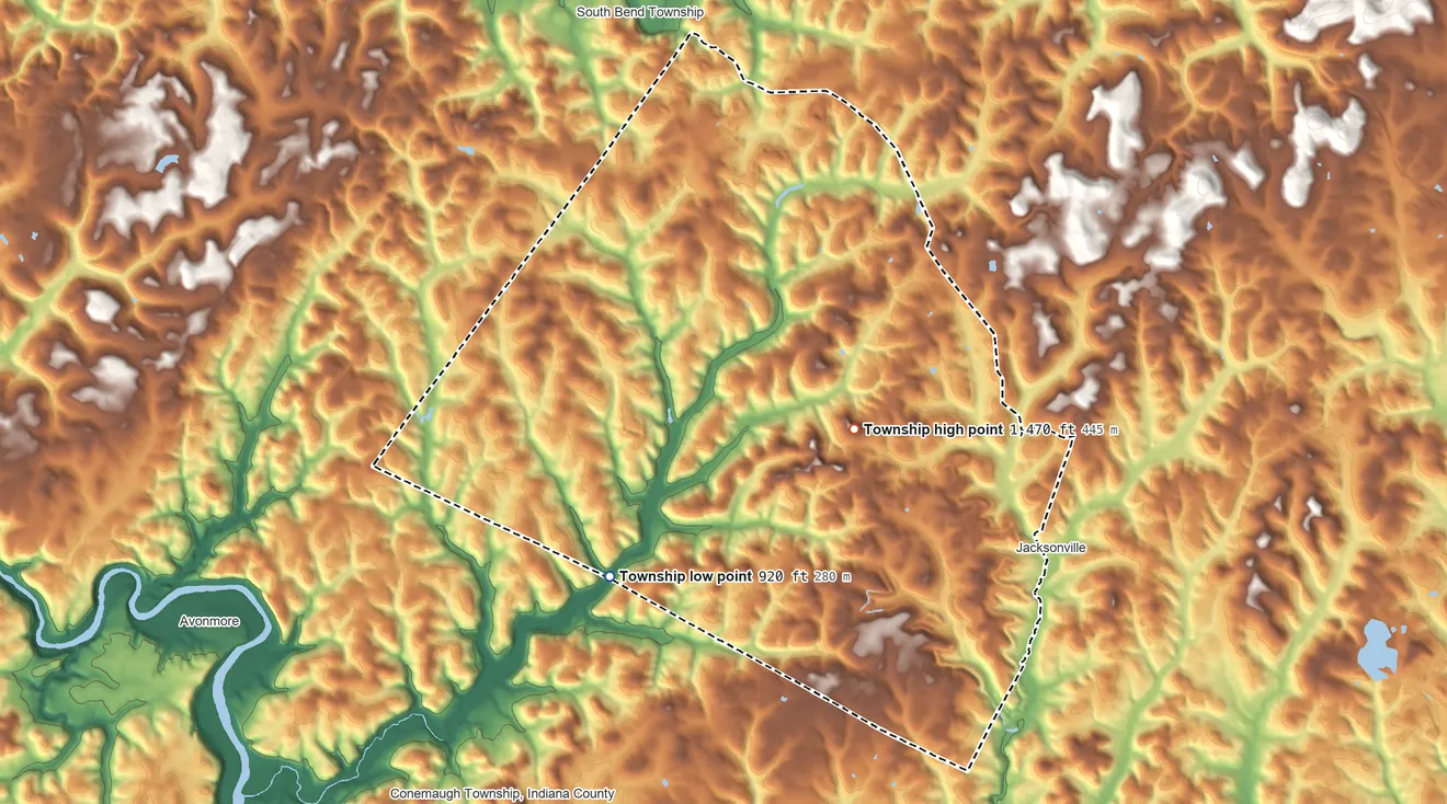 Topographic elevation map of Young Township, Pennsylvania, shaded from 920 ft on the southwest side to 1,470 ft on the east side