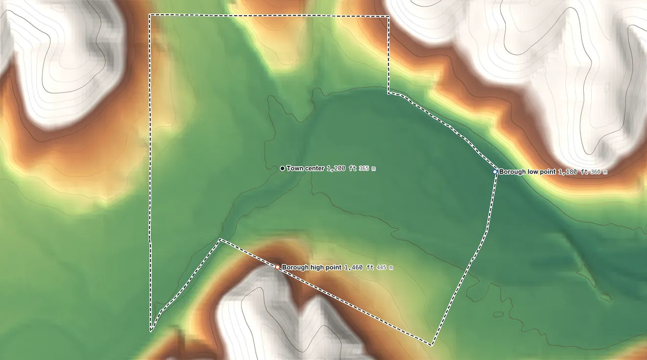 Topographic elevation map of Youngsville, Pennsylvania, shaded from 1,180 ft on the east side to 1,460 ft on the south edge, below higher ground just outside
