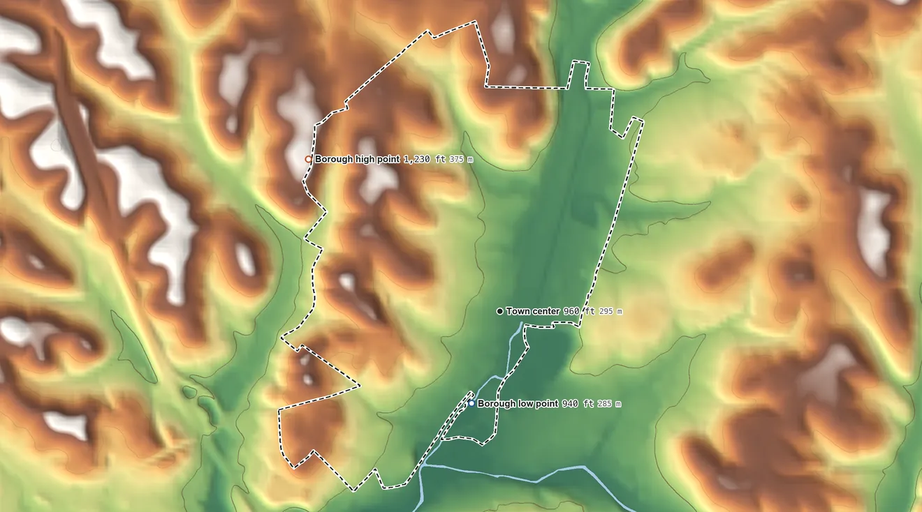 Topographic elevation map of Youngwood, Pennsylvania, shaded from 940 ft on the south side to 1,230 ft on the northwest side