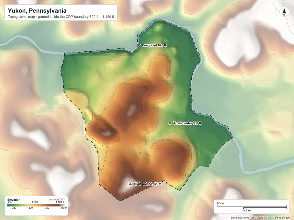 Topographic elevation map of Yukon, Pennsylvania, shaded from 890 ft on the north side to 1,120 ft on the southwest side