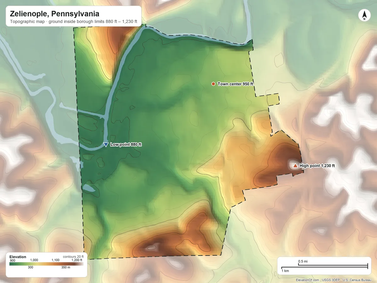 Topographic elevation map of Zelienople, Pennsylvania, shaded from 880 ft on the southwest side to 1,230 ft on the southeast side