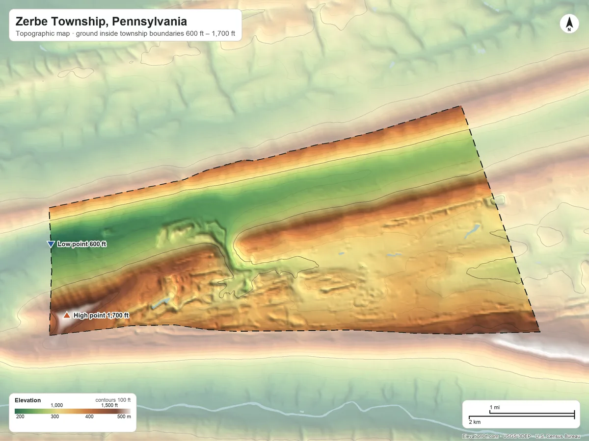 Topographic elevation map of Zerbe Township, Pennsylvania, shaded from 600 ft on the west side to 1,700 ft on the southwest side