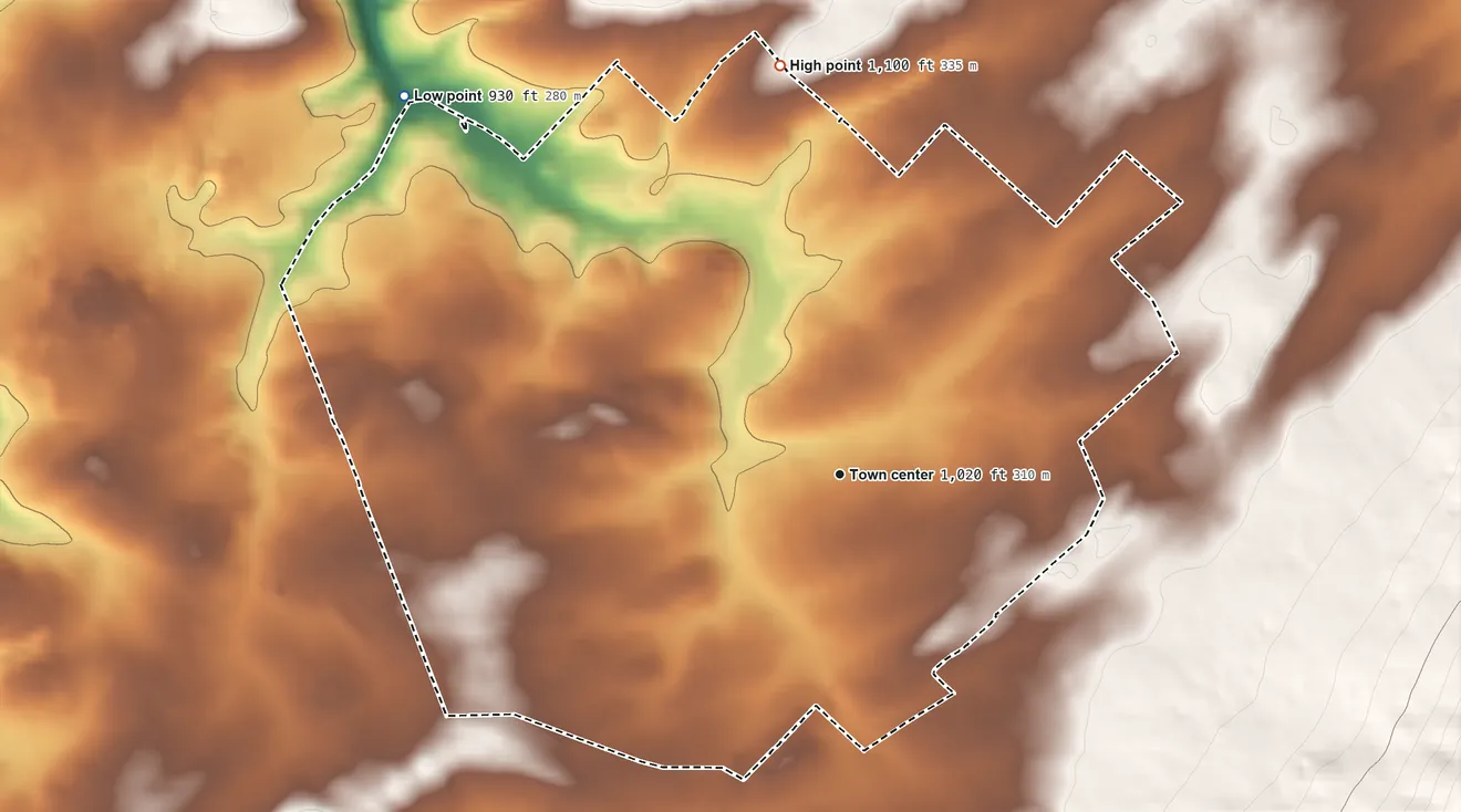 Topographic elevation map of Zion, Pennsylvania, shaded from 930 ft on the northwest side to 1,100 ft on the north edge, below higher ground just outside