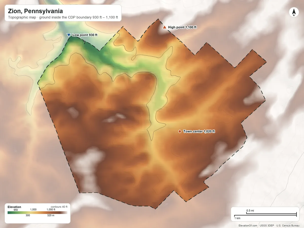 Topographic elevation map of Zion, Pennsylvania, shaded from 930 ft on the northwest side to 1,100 ft on the north edge, below higher ground just outside