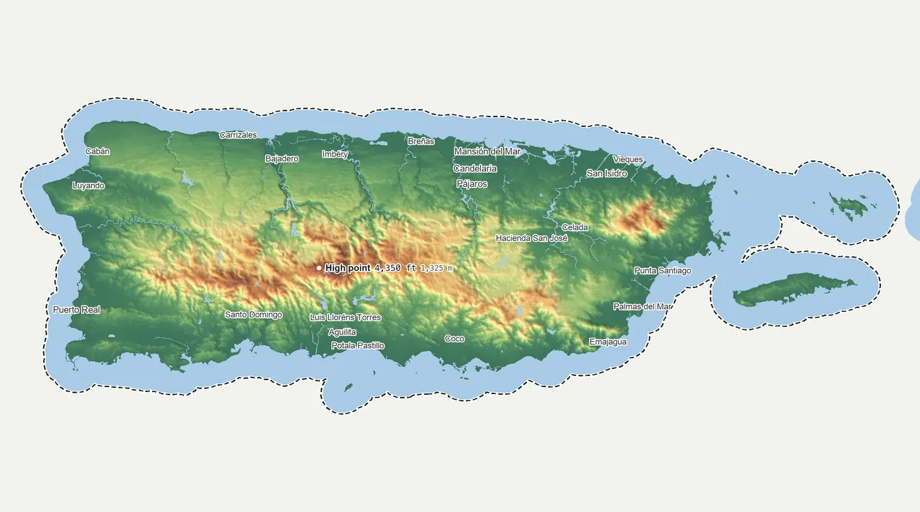 Topographic elevation map of Puerto Rico, shaded from sea level on the Canal de la Mona to 4,350 ft on Cerro de Punta