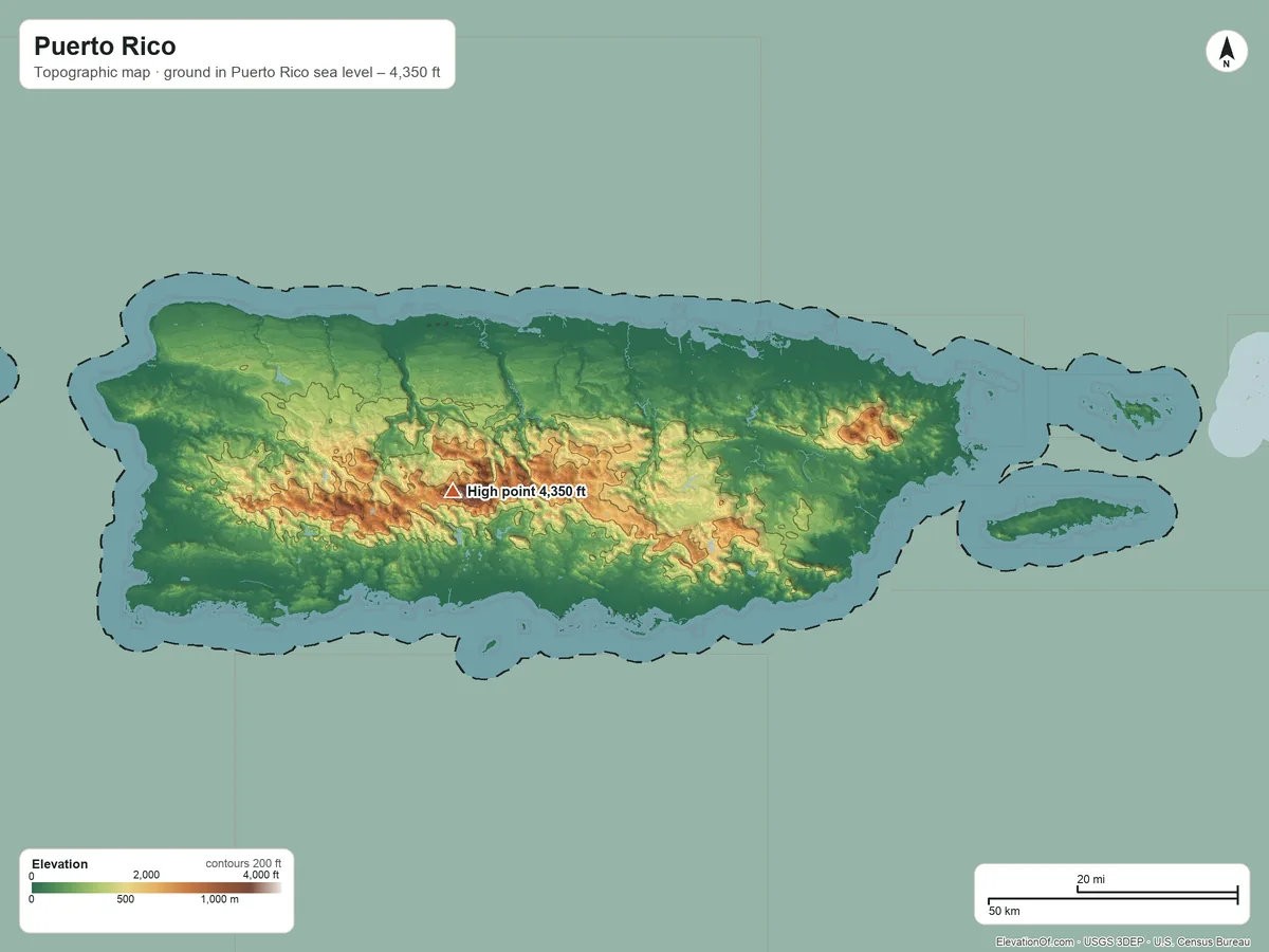 Topographic elevation map of Puerto Rico, shaded from sea level on the Canal de la Mona to 4,350 ft on Cerro de Punta