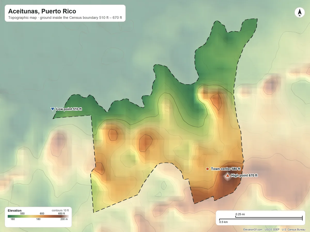 Topographic elevation map of Aceitunas, Puerto Rico, shaded from 510 ft on the west side to 670 ft near the middle