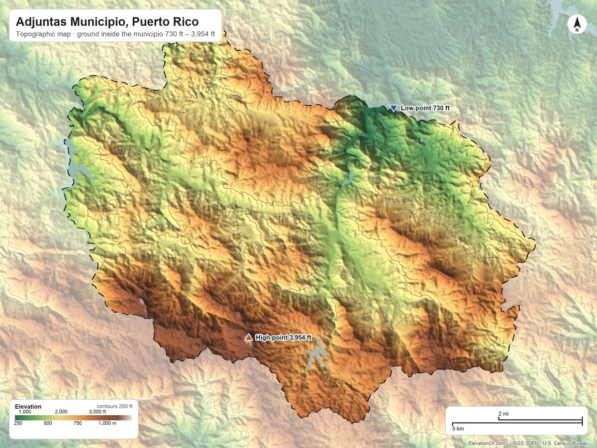 Topographic elevation map of Adjuntas Municipio, Puerto Rico, shaded from 730 ft on the northeast side to 3,954 ft on Monte Guilarte