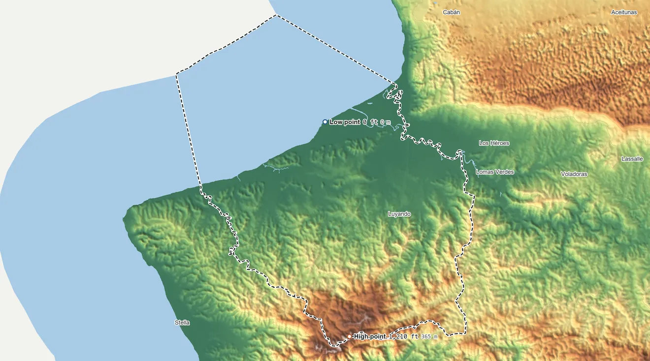 Topographic elevation map of Aguada Municipio, Puerto Rico, shaded from sea level on the Océano Atlántico to 1,210 ft on the south side