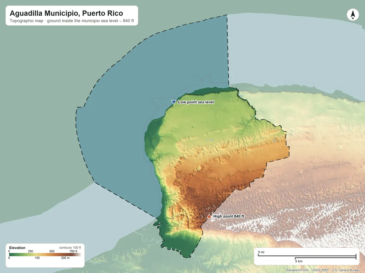 Topographic elevation map of Aguadilla Municipio, Puerto Rico, shaded from sea level on the Océano Atlántico to 840 ft on the south side