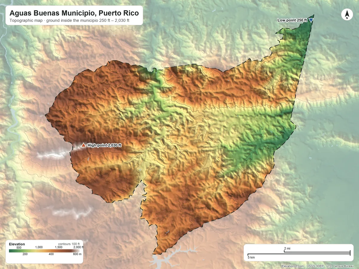 Topographic elevation map of Aguas Buenas Municipio, Puerto Rico, shaded from 250 ft on the northeast side to 2,030 ft on the west side