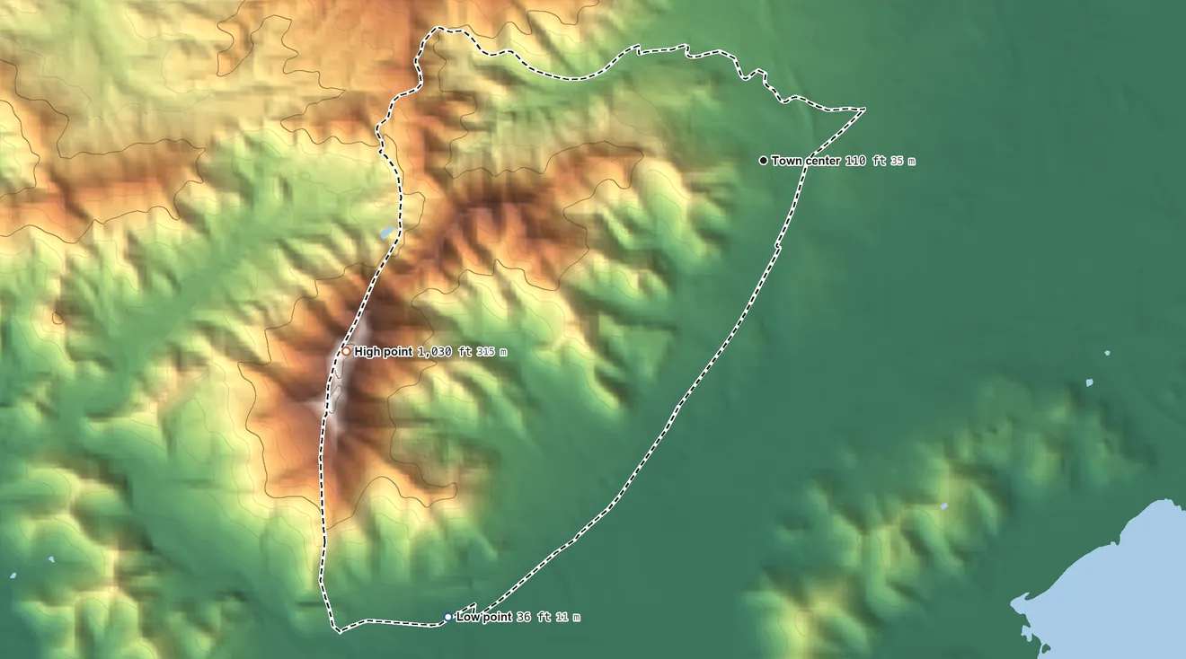 Topographic elevation map of Aguas Claras, Puerto Rico, shaded from 36 ft on the southwest side to 1,030 ft on the southwest side