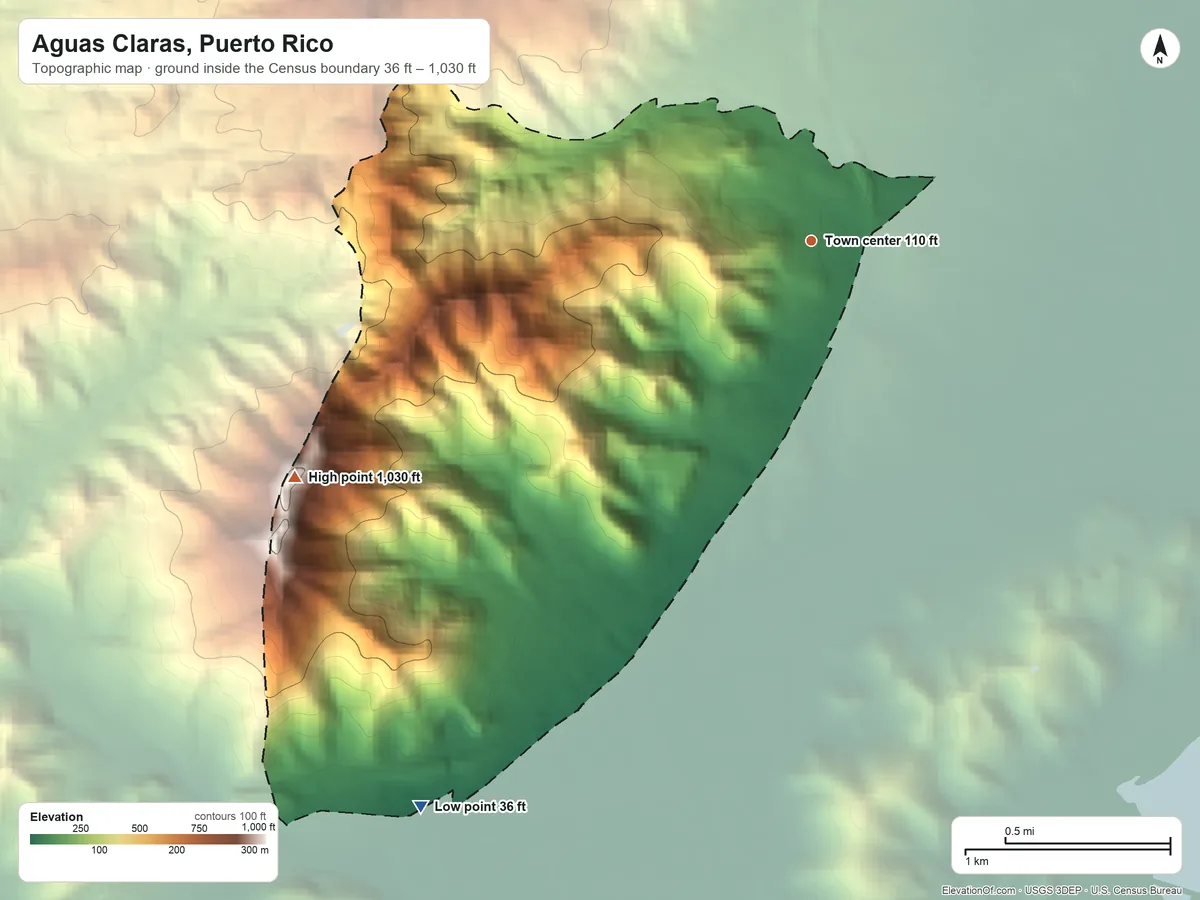 Topographic elevation map of Aguas Claras, Puerto Rico, shaded from 36 ft on the southwest side to 1,030 ft on the southwest side