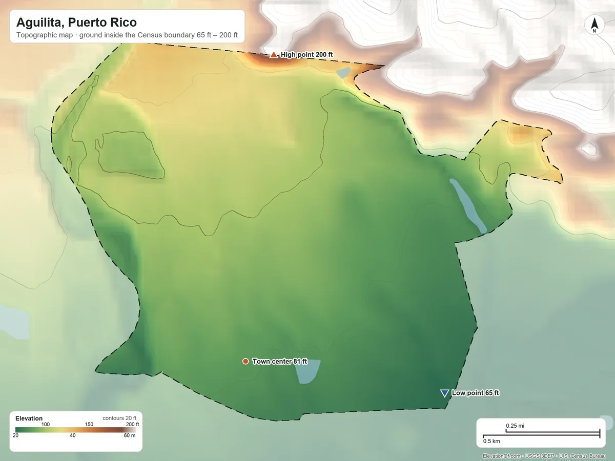 Topographic elevation map of Aguilita, Puerto Rico, shaded from 65 ft on the east side to 200 ft at the foot of the Cordillera Central
