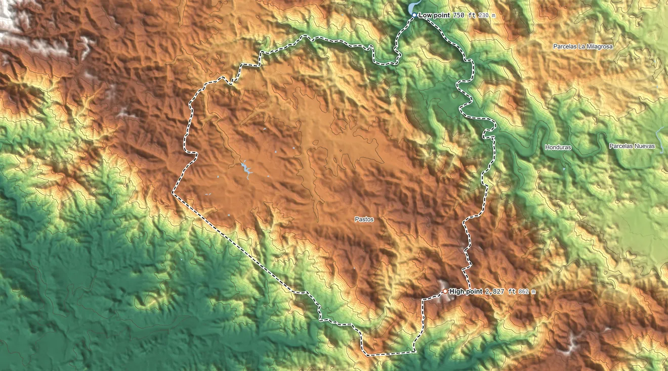 Topographic elevation map of Aibonito Municipio, Puerto Rico, shaded from 750 ft on the northeast side to 2,827 ft on Las Tetas