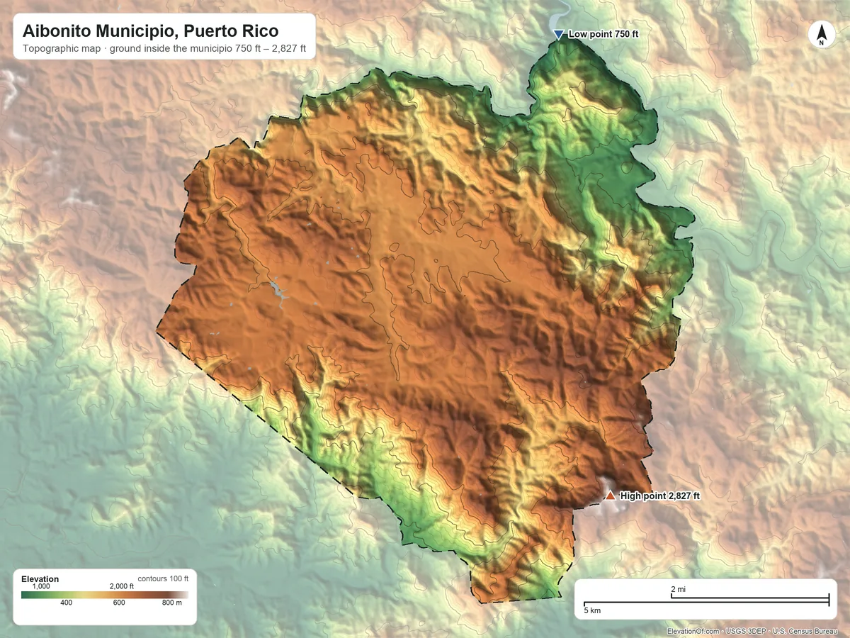 Topographic elevation map of Aibonito Municipio, Puerto Rico, shaded from 750 ft on the northeast side to 2,827 ft on Las Tetas