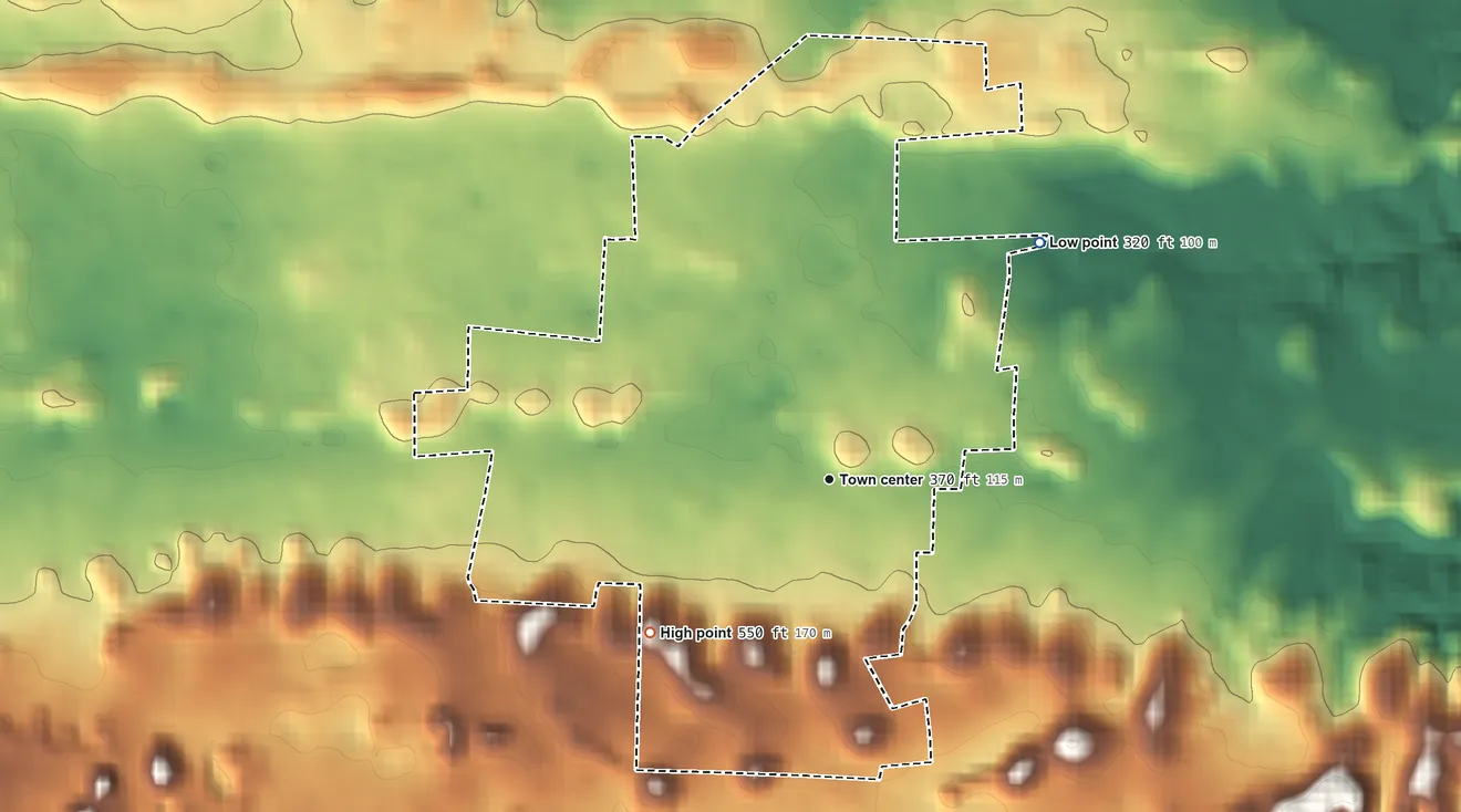 Topographic elevation map of Alianza, Puerto Rico, shaded from 320 ft on the northeast side to 550 ft on the southwest side