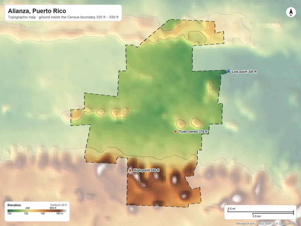 Topographic elevation map of Alianza, Puerto Rico, shaded from 320 ft on the northeast side to 550 ft on the southwest side