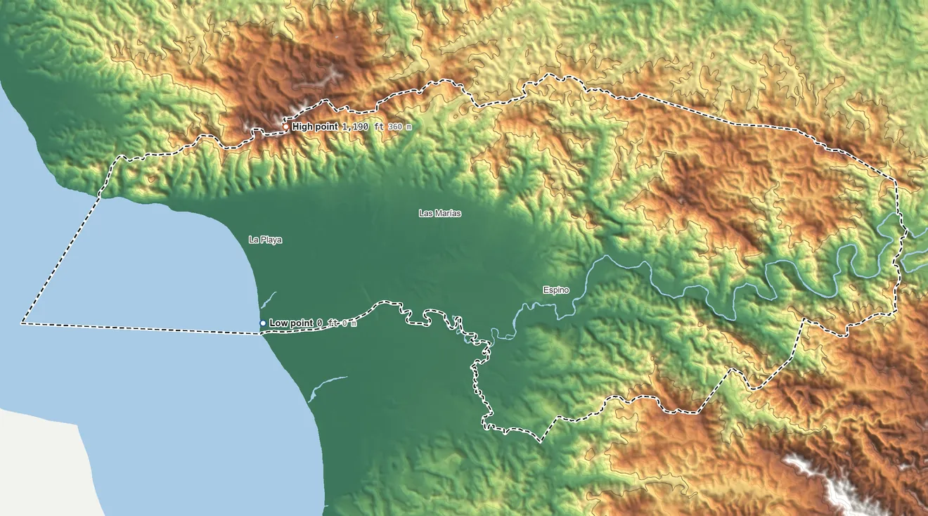 Topographic elevation map of Añasco Municipio, Puerto Rico, shaded from sea level on the Bahía de Añasco to 1,190 ft on Cerro Canta Gallo