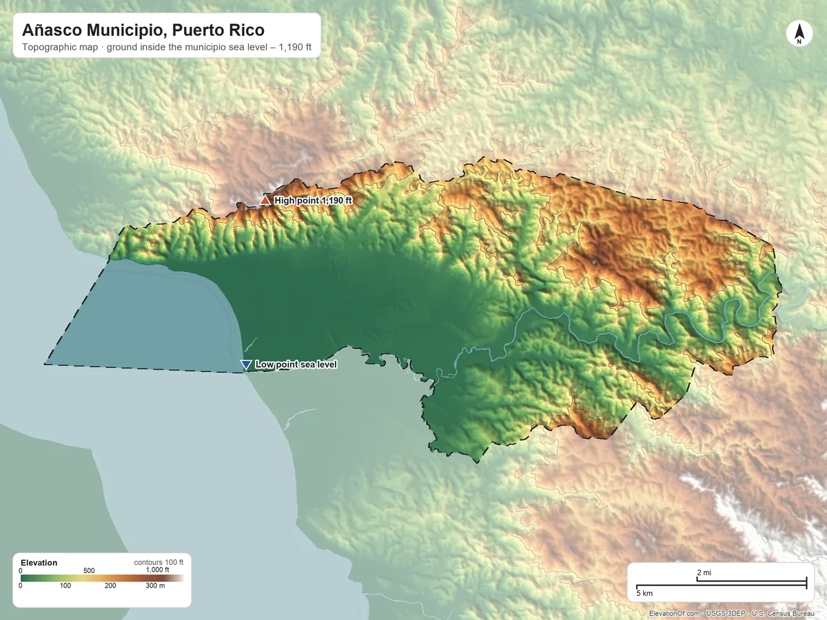 Topographic elevation map of Añasco Municipio, Puerto Rico, shaded from sea level on the Bahía de Añasco to 1,190 ft on Cerro Canta Gallo
