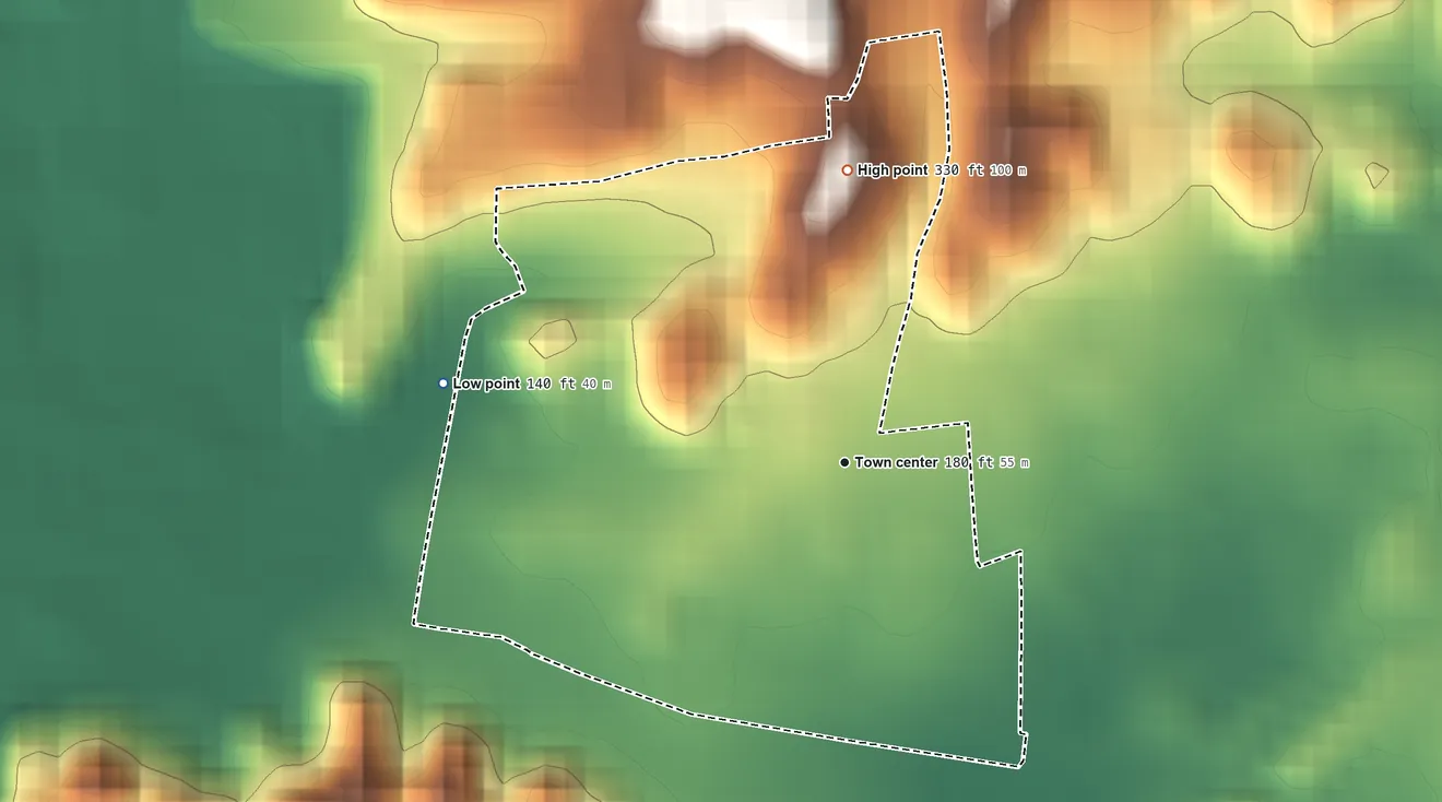 Topographic elevation map of Animas, Puerto Rico, shaded from 140 ft on the west side to 330 ft on the north side