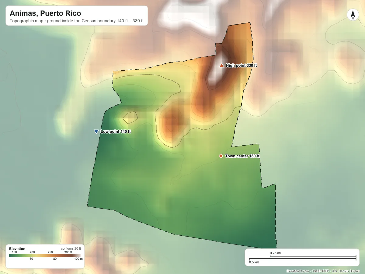 Topographic elevation map of Animas, Puerto Rico, shaded from 140 ft on the west side to 330 ft on the north side