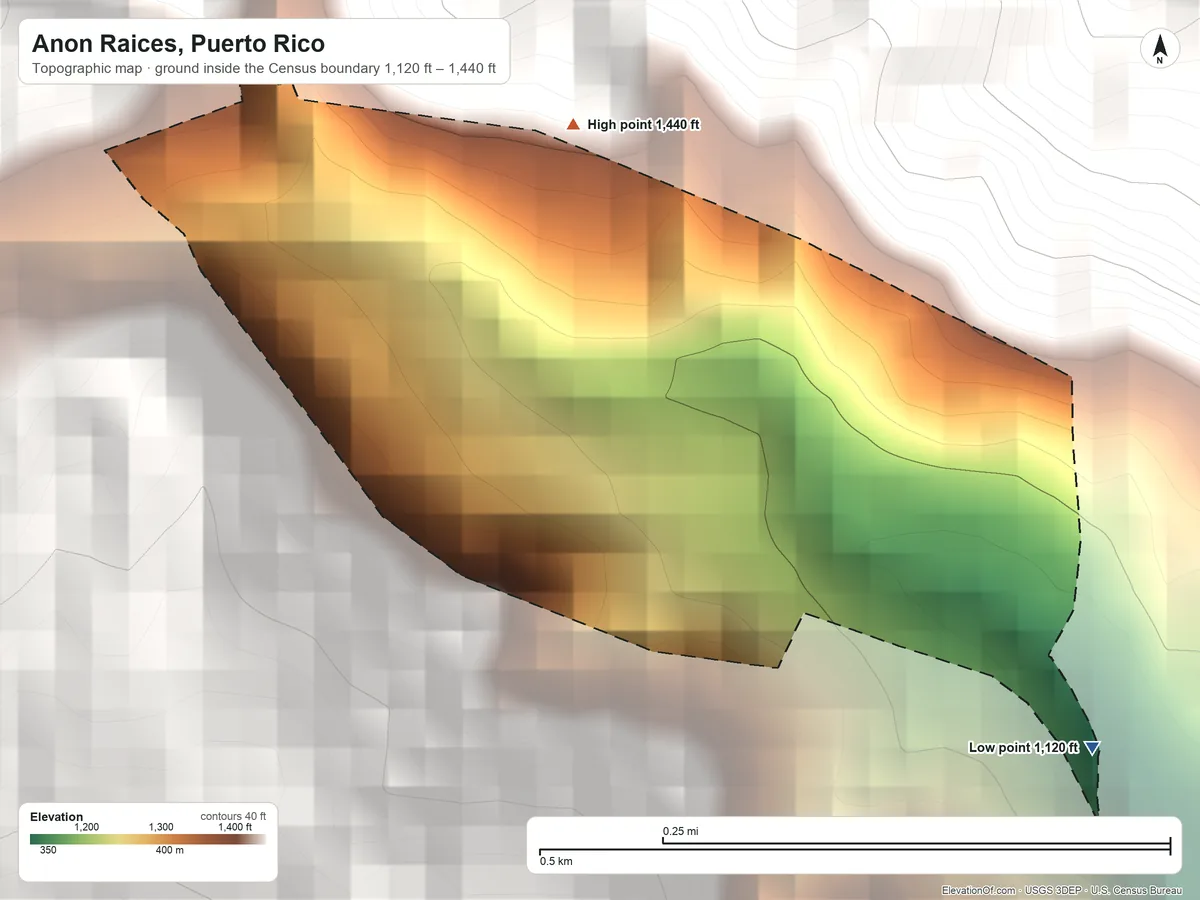 Topographic elevation map of Anon Raices, Puerto Rico, shaded from 1,120 ft on the southeast side to 1,440 ft at the foot of the Cordillera Central
