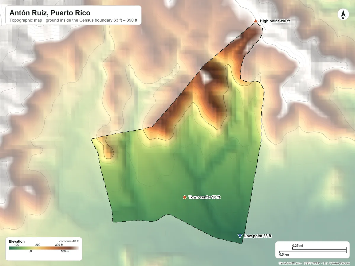 Topographic elevation map of Antón Ruíz, Puerto Rico, shaded from 63 ft on the southeast side to 390 ft at the foot of the Sierra de Luquillo