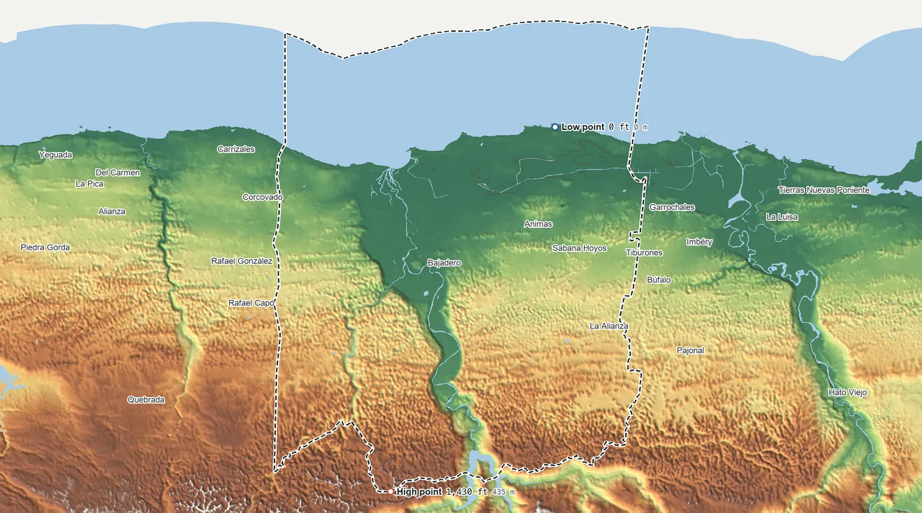 Topographic elevation map of Arecibo Municipio, Puerto Rico, shaded from sea level on the Océano Atlantico to 1,430 ft on the south side