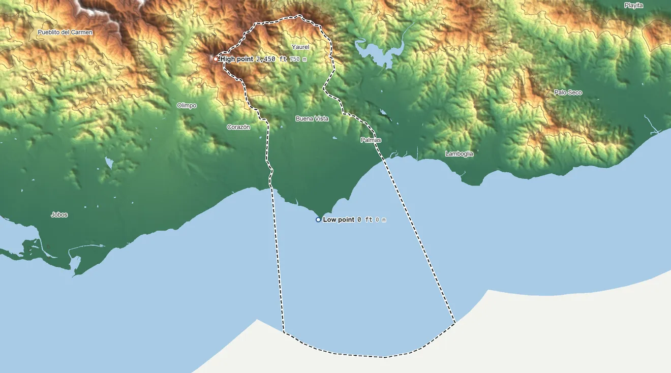 Topographic elevation map of Arroyo Municipio, Puerto Rico, shaded from sea level on the Mar Caribe to 2,450 ft on the northwest side