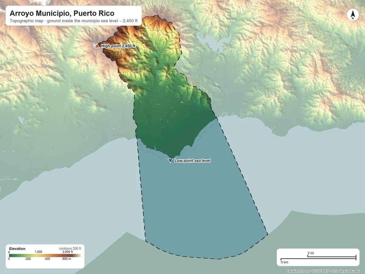 Topographic elevation map of Arroyo Municipio, Puerto Rico, shaded from sea level on the Mar Caribe to 2,450 ft on the northwest side