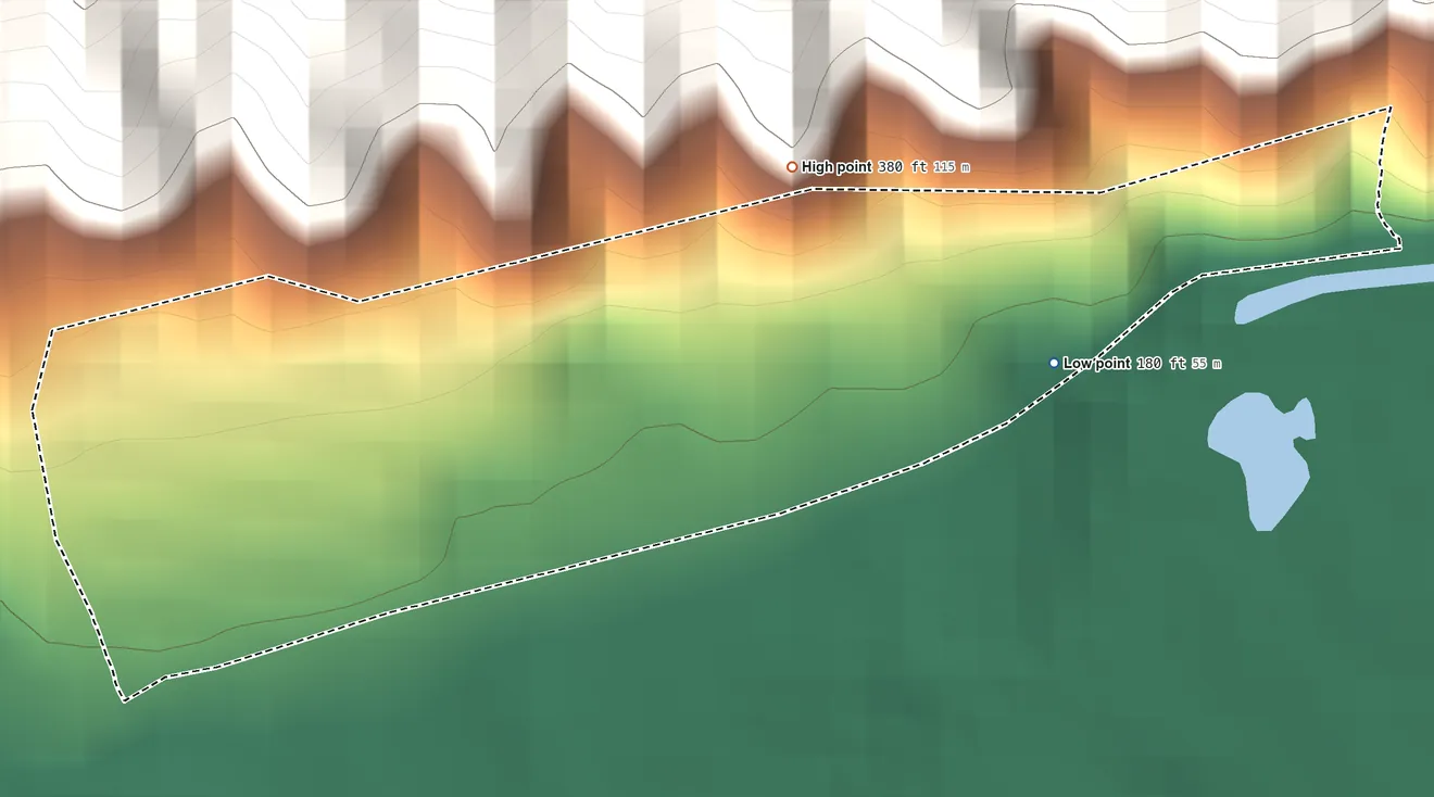 Topographic elevation map of Bairoa La Veinticinco, Puerto Rico, shaded from 180 ft on the east side to 380 ft at the foot of the Altos de San Luis