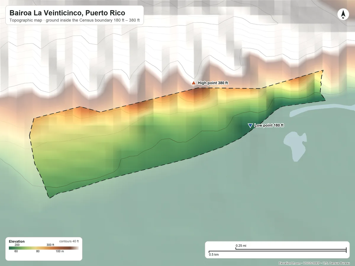 Topographic elevation map of Bairoa La Veinticinco, Puerto Rico, shaded from 180 ft on the east side to 380 ft at the foot of the Altos de San Luis